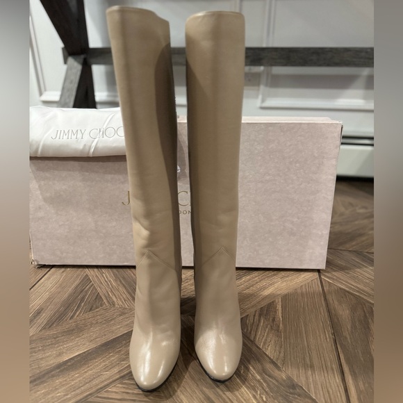 Jimmy Choo Shoes - Jimmy Choo Rydea Cream Heeled Boots with Gold Accents